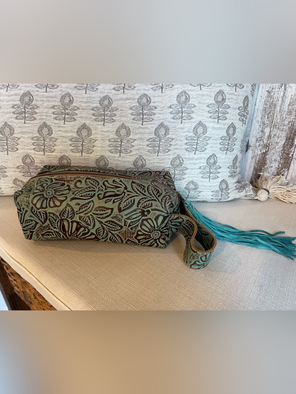 Myra Bag Teal and Brown Embossed Floral Cosmetic Wristlet